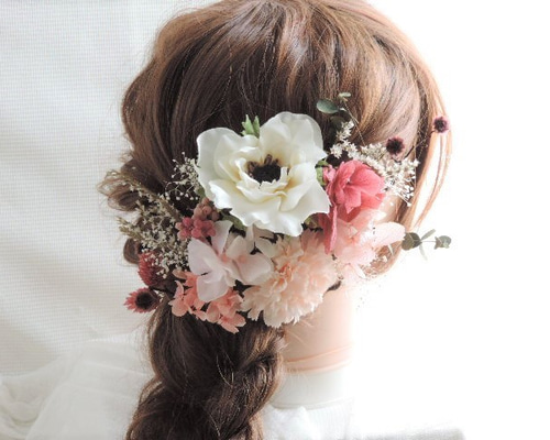 ヘッドドレス～ミニアネモネのレッドピンク和玉水引金箔style～髪飾り ヘッドドレス～ミニアネモネのレッドピンク和玉水引金箔style