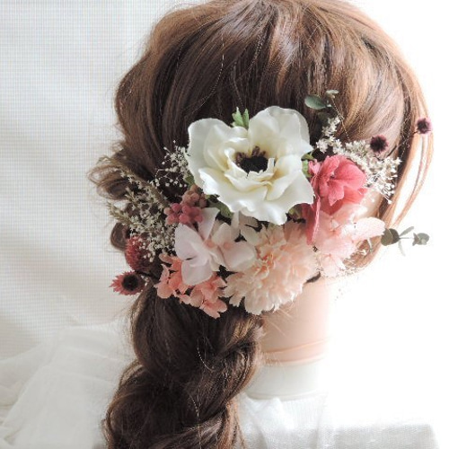 ヘッドドレス～ミニアネモネのレッドピンク和玉水引金箔style～髪飾り ヘッドドレス～ミニアネモネのレッドピンク和玉水引金箔style