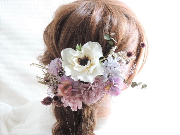S9-m アネモネ パープル ヘッドドレス ドライフラワー 結婚式髪 S9-m アネモネ パープル ヘッドドレス ドライフラワー 結婚式髪