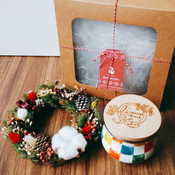 聖誕乾燥花圈木蓋琺瑯糖罐禮盒 第3張的照片