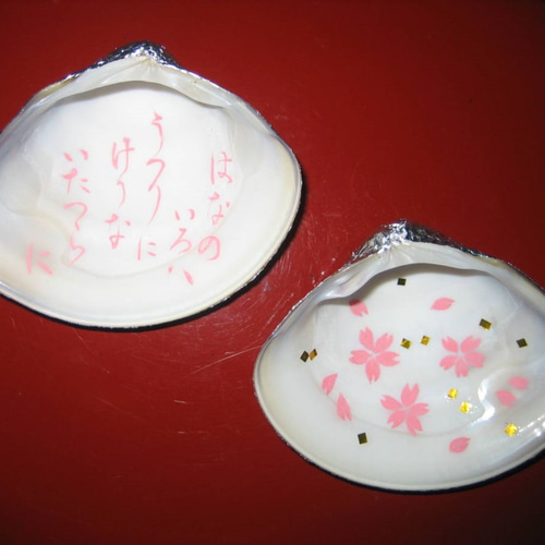 はまぐり 貝 手書き 6×5.5cmくらい 桜もよう インテリア飾り その他