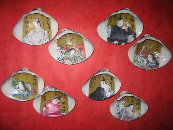 希少 桑名 はまぐり 貝あわせ 貝桶 手描き 百人一首 8組16枚 はまぐり 貝 お雛様 かるた 百人一首 4組8枚 その他アート 藤むらさき