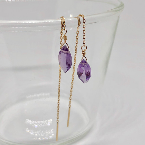 K18 宝石質 ピンクアメジスト アメリカンピアス 18金 ピアス（フック 