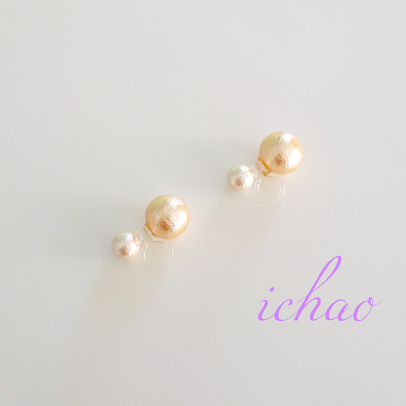 再再再…販♪コットンパール6㎜×コットンパール10㎜の2way樹脂ノンホールイヤリング 1枚目の画像