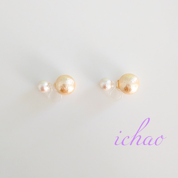 再再再…販♪コットンパール6㎜×コットンパール10㎜の2way樹脂ノンホールイヤリング 2枚目の画像