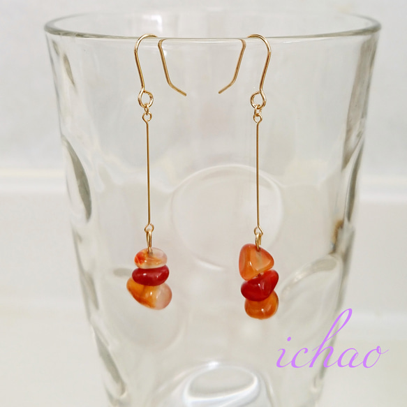 再再販♪14kgfフック交換可♪天然石カーネリアンのさざれのシンプルピアス/イヤリング 1枚目の画像