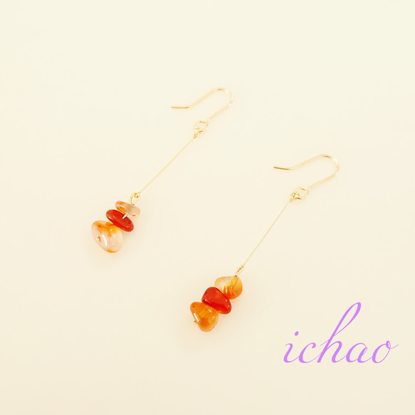 再再販♪14kgfフック交換可♪天然石カーネリアンのさざれのシンプルピアス/イヤリング 4枚目の画像