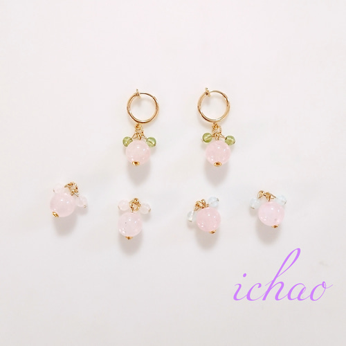 選べる!天然石ローズクォーツの春色ピアス/イヤリング(ペリドット 