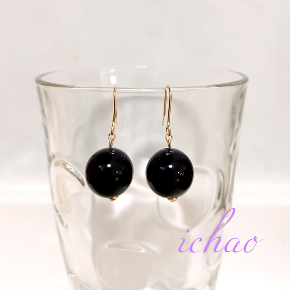 再販×5♪14kgfフック交換可♪天然石ブラックオニキス14㎜の一粒イヤリング／ピアス 1枚目の画像