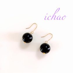 再販×5♪14kgfフック交換可♪天然石ブラックオニキス14㎜の一粒イヤリング／ピアス 2枚目の画像