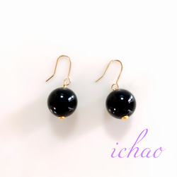 再販×5♪14kgfフック交換可♪天然石ブラックオニキス14㎜の一粒イヤリング／ピアス 3枚目の画像