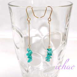 在庫セール☆14kgfフック交換可♪天然石ターコイズのさざれのシンプルピアス/イヤリング 2枚目の画像