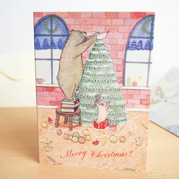 水彩イラストクリスマスカード「豚ベアーファミリークリスマスカードクリスマスカード」でも封筒 1枚目の画像