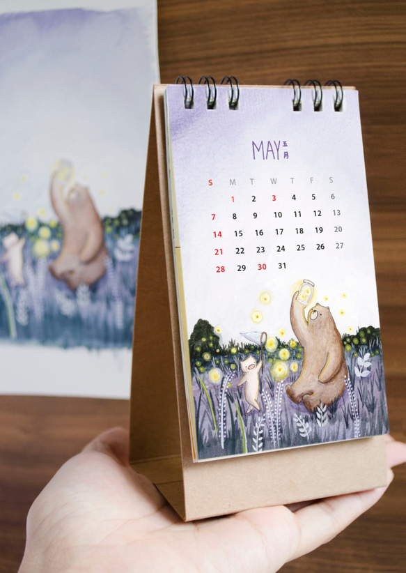 2017年「ベア＆豚」貯金箱ベア水彩イラスト小さな卓上カレンダーカレンダー 2枚目の画像