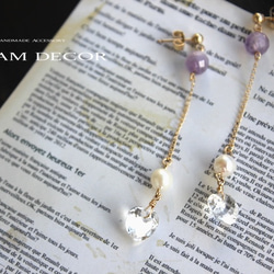 14kgf紫水晶海角，Akoya珍珠和水晶心形長耳環（可更改耳環） 第1張的照片