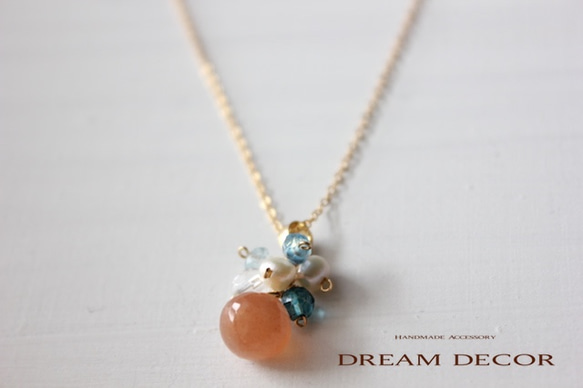 14kgf オレンジムーンストーンとブルークォーツのネックレス｜６月誕生石 ◇Moonstone◇ 1枚目の画像