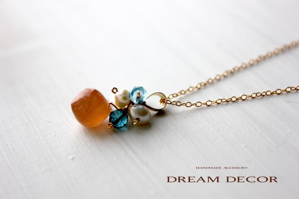 14kgf オレンジムーンストーンとブルークォーツのネックレス｜６月誕生石 ◇Moonstone◇ 3枚目の画像