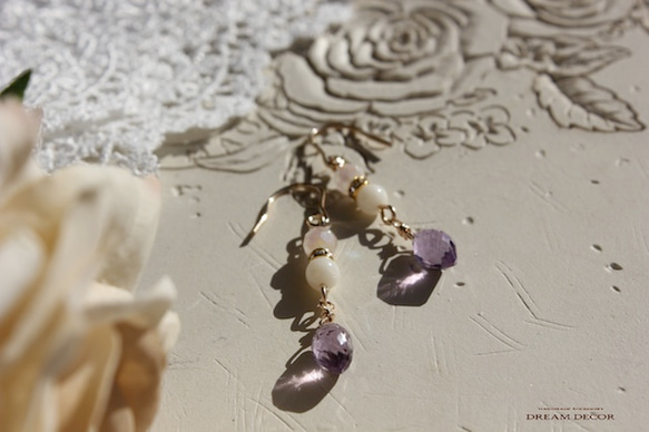 14kgf紫色品質寶石粉紅色紫水晶和白色珊瑚耳環之夜 第2張的照片