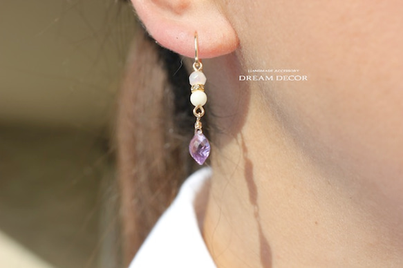 14kgf紫色品質寶石粉紅色紫水晶和白色珊瑚耳環之夜 第4張的照片