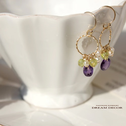 14kgf春季等待薰〜紫水晶，珍珠和橄欖石耳環 第4張的照片