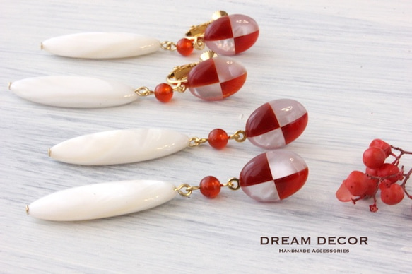 ichimatsu RED耳環〜白色蝴蝶殼和紅色瑪瑙耳環 第7張的照片