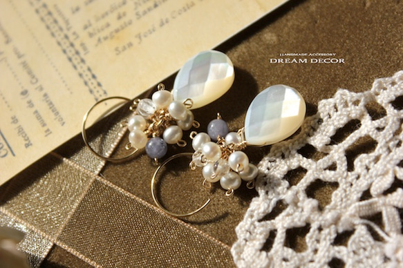 14kgf Snow Tuffy〜貝殼，淡水珍珠和坦桑石耳環 第3張的照片