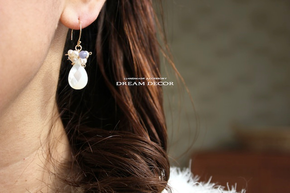 14kgf Snow Tuffy〜貝殼，淡水珍珠和坦桑石耳環 第5張的照片