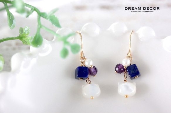 14kgf 猫とラピスラズリのカラーストーンピアス／イヤリング｜◇12月誕生石◇ Lapis Lazuli 2枚目の画像