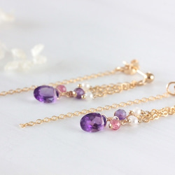 [再次上架] 14kgf珠寶紫水晶，粉紅色碧璽和淡水珍珠長刺（耳環）&lt;2月出生的寶石&gt; 第1張的照片