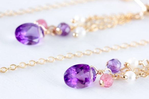 [再次上架] 14kgf珠寶紫水晶，粉紅色碧璽和淡水珍珠長刺（耳環）&lt;2月出生的寶石&gt; 第3張的照片