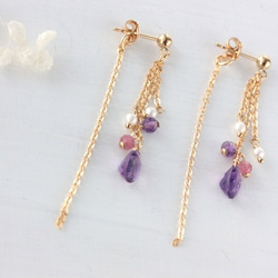[再次上架] 14kgf珠寶紫水晶，粉紅色碧璽和淡水珍珠長刺（耳環）&lt;2月出生的寶石&gt; 第4張的照片