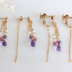 [再次上架] 14kgf珠寶紫水晶，粉紅色碧璽和淡水珍珠長刺（耳環）&lt;2月出生的寶石&gt; 第6張的照片