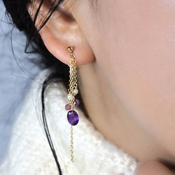[再次上架] 14kgf珠寶紫水晶，粉紅色碧璽和淡水珍珠長刺（耳環）&lt;2月出生的寶石&gt; 第7張的照片