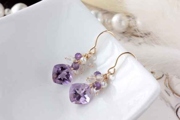 14kgf珠寶首飾粉紅紫水晶紫色調耳環&lt;2月出生的寶石&gt; 第3張的照片