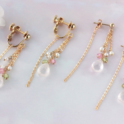 14kgf 春霞のロングピアス／イヤリング 〜マダガスカル産ローズ 