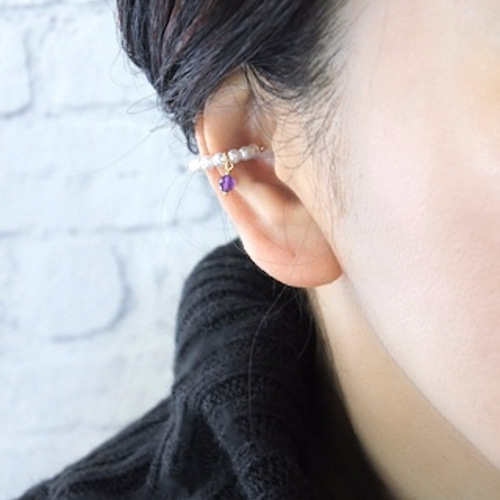 14kgf パールと天然石のイヤーカフ(アメジスト or アクアマリン 