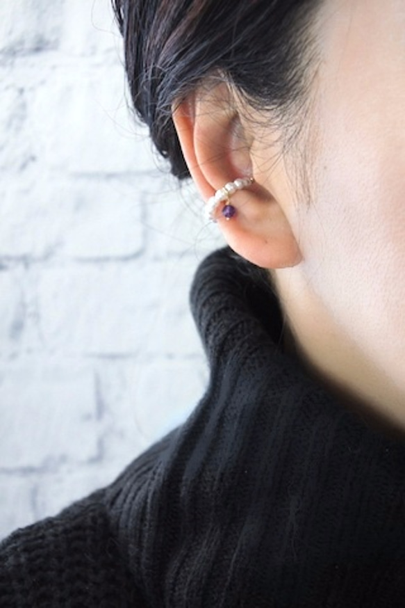 14kgf パールと天然石のイヤーカフ(アメジスト or アクアマリン 