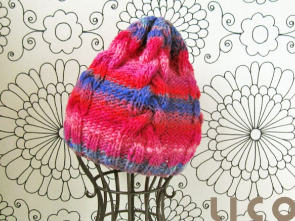 SOLD OUT**冬のこびとニット帽/ケーブル編み*ピンクパープル 1枚目の画像