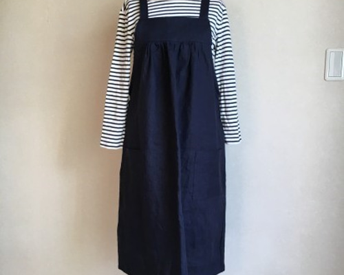 はまちゃん様ご注文品＊リネン＊ネイビー＊エプロンワンピースM