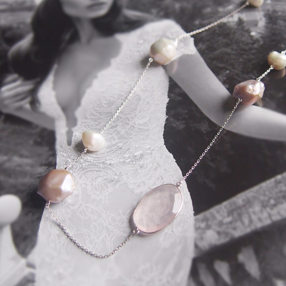 天然粉晶【愛戀之石】配 不規則淡水珍珠流星設計頸鏈 第3張的照片