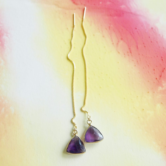 三角形紫水晶【智慧之石】長耳針耳線 | 可較長短 | 925 鍍18K金 第2張的照片