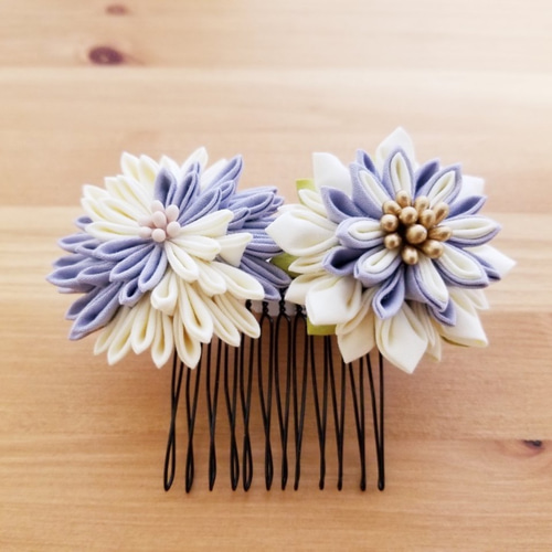 つまみ細工＊コームかんざし 2連 ブルーグレー×クリーム色 かんざし