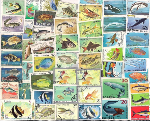 世界の使用済切手　魚・フィッシュ50枚セット！デコパージュ・コラージュ・レジン 1枚目の画像