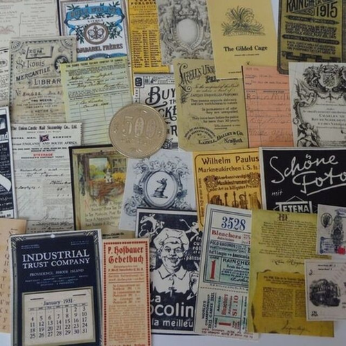 複数切手アート作品ビンテージ 20)ヴィンテージ27枚、図書カード、小切手いろいろ その他素材