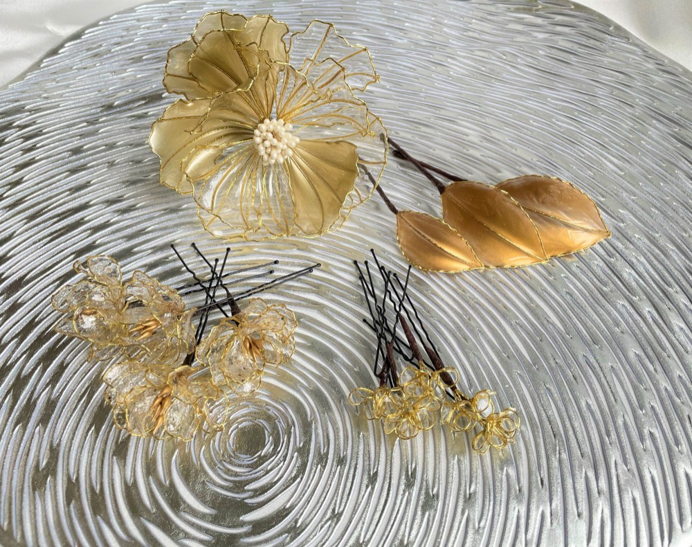ウェディング　ヘッドドレス　大　クリア×ゴールド　　ディップアート　ゴールド