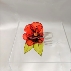 椿のコーム　小（８枚花弁）　赤　　ディップアート 2枚目の画像