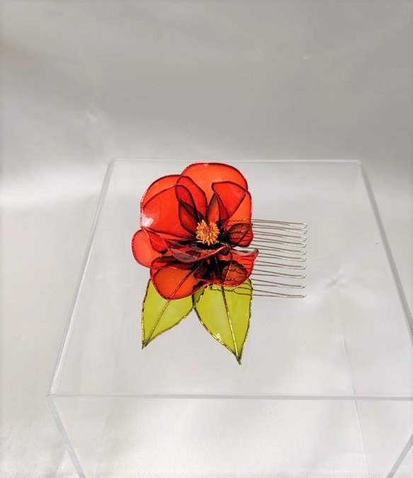 椿のコーム　小（８枚花弁）　赤　　ディップアート 2枚目の画像