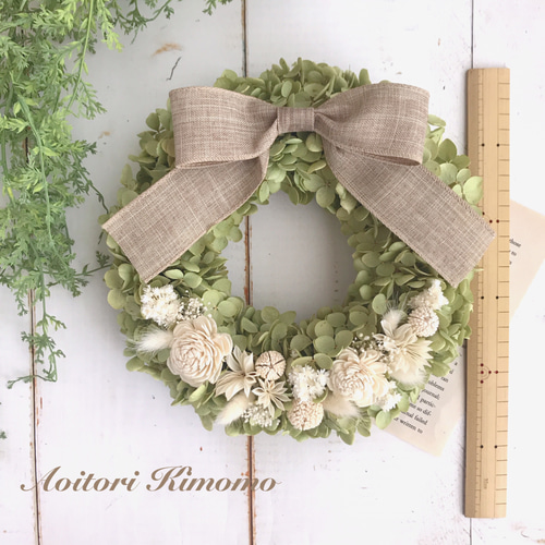 ベージュリボンのアナベルリース ドライフラワー あおいとりきもも