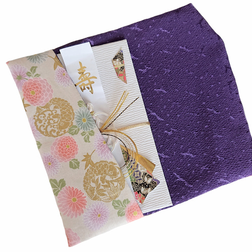 う.生成 金封袱紗(ふくさ)慶弔両用 リバーシブル 鯉 菊 もみじ 金彩