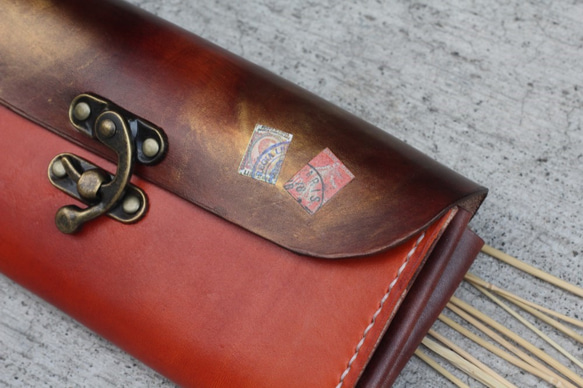 Accordion vegetable tanned leather long wallet - WARM ORANGE 2枚目の画像